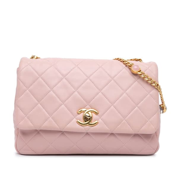 Pre-owned Chanel CC Quilted Lambskin Embellished Chain Flap Pink