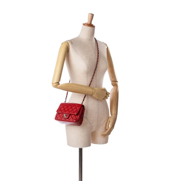Pre-owned Chanel Mini Square Classic Caviar Single Flap Red