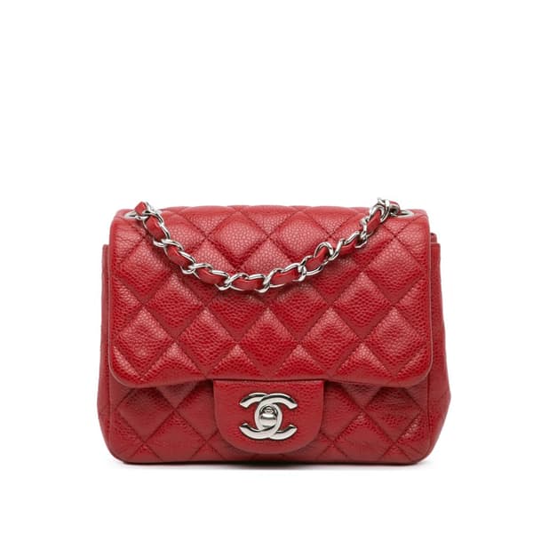 Pre-owned Chanel Mini Square Classic Caviar Single Flap Red