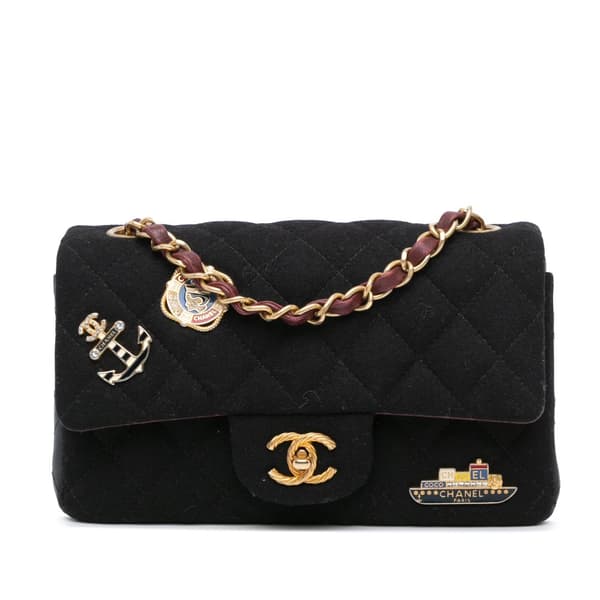 Pre-owned Chanel Mini Rectangular Felt Paris-Hamburg Charms Flap Black