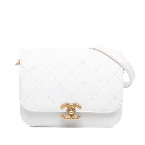 Pre-owned Chanel CC Quilted Caviar Flap Crossbody White