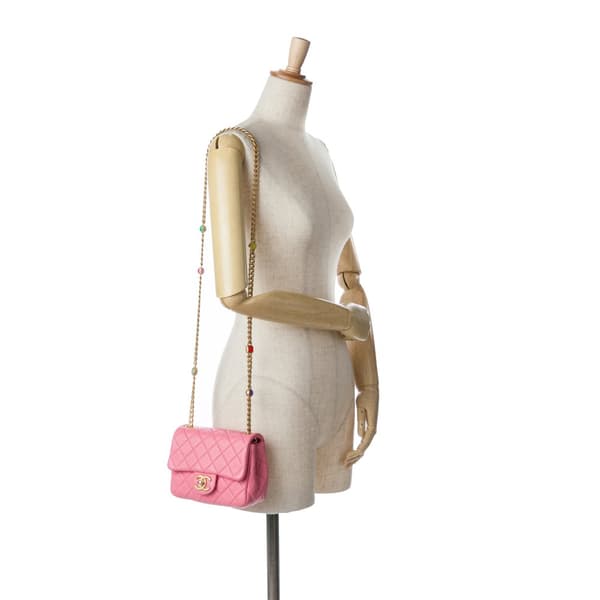 Pre-owned Chanel Mini Square Lambskin Pearl Samba Flap Pink