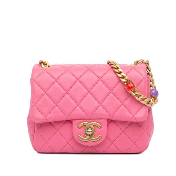 Pre-owned Chanel Mini Square Lambskin Pearl Samba Flap Pink