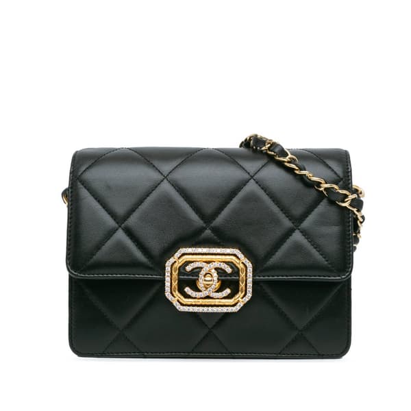 Pre-owned Chanel Quilted Lambskin Octagonal Buckle Crossbody Black