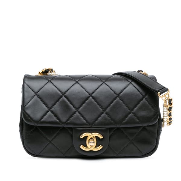 Pre-owned Chanel Mini Quilted Calfskin Crystal Pearls Chain Flap Black