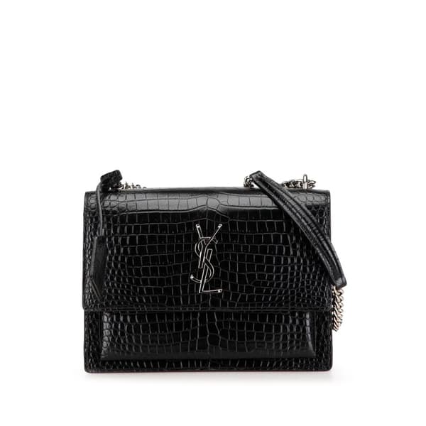 Pre-owned Saint Laurent Medium Croc Embossed Leather Sunset Crossbody Black