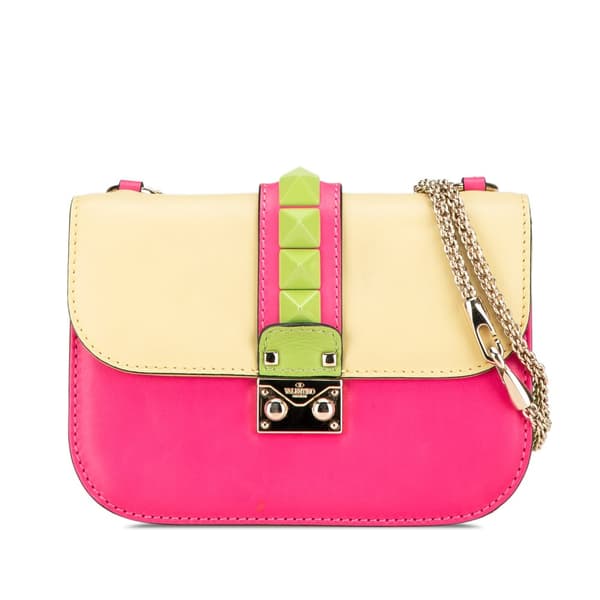 Pre-owned Valentino Small Tricolor Leather Rockstud Glam Lock Crossbody Yellow