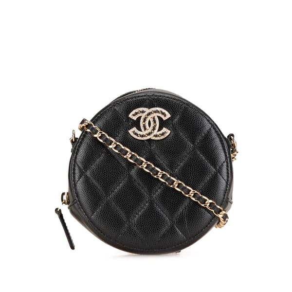 Pre-owned Chanel Quilted Caviar Crystal CC Round Clutch With Chain Black