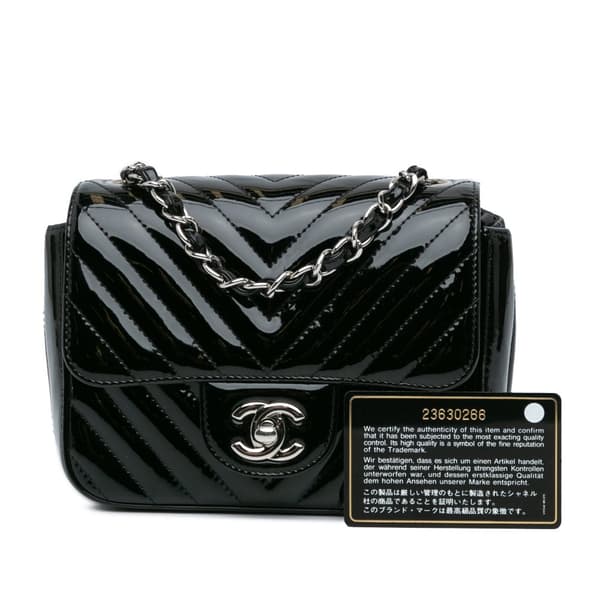 Pre-owned Chanel Mini Square Classic Chevron Patent Flap Black