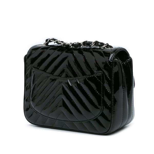 Pre-owned Chanel Mini Square Classic Chevron Patent Flap Black