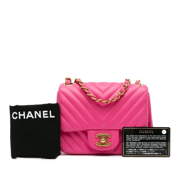 Pre-owned Chanel Mini Square Classic Chevron Lambskin Single Flap Pink