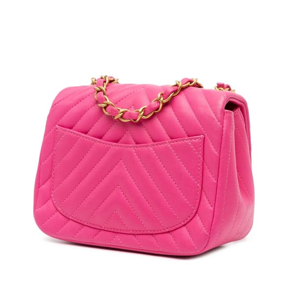 Pre-owned Chanel Mini Square Classic Chevron Lambskin Single Flap Pink