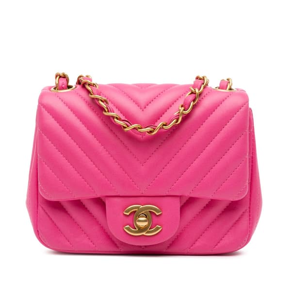 Pre-owned Chanel Mini Square Classic Chevron Lambskin Single Flap Pink