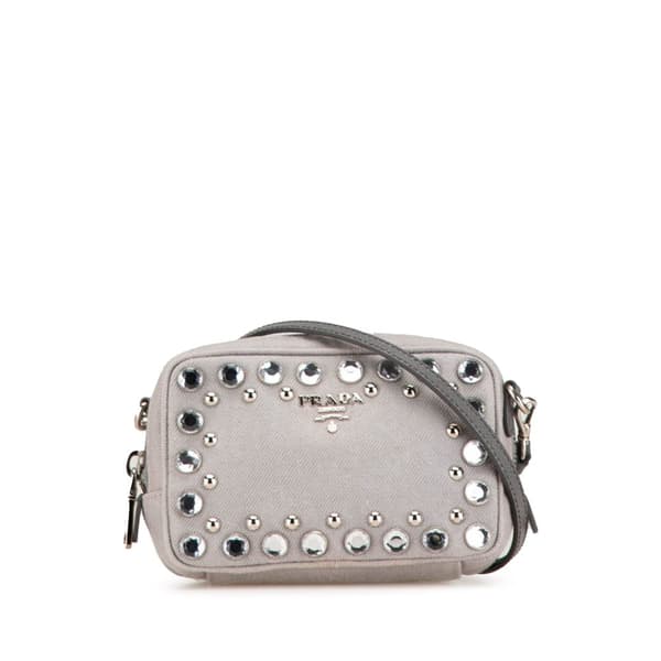 Pre-owned Prada Mini Denim Studded Embellished Camera Crossbody Gray