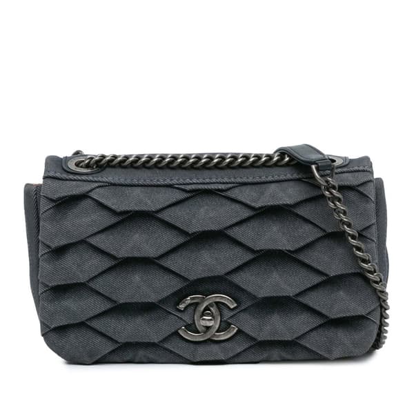 Pre-owned Chanel Small Pleated Denim Scale Effect Turtle Flap Blue