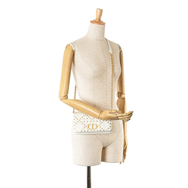 Pre-owned Dior Mini Calfskin Macrocannage Lucky Star Caro Bag White