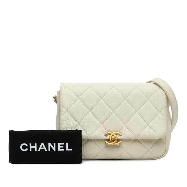 Pre-owned Chanel Small Quilted Caviar Chain Melody Flap White
