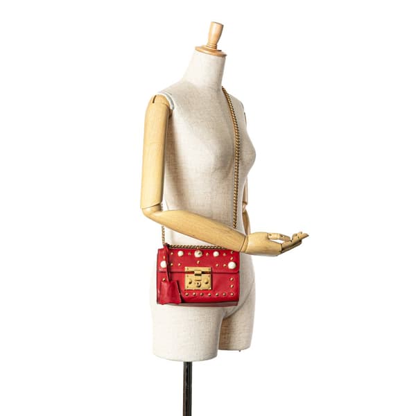 Pre-owned Gucci Small Pearl Studded Leather Padlock Crossbody Red