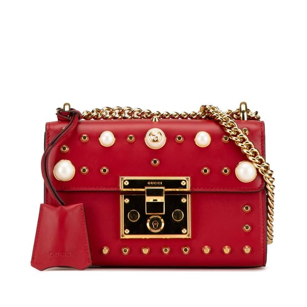 Pre-owned Gucci Small Pearl Studded Leather Padlock Crossbody Red