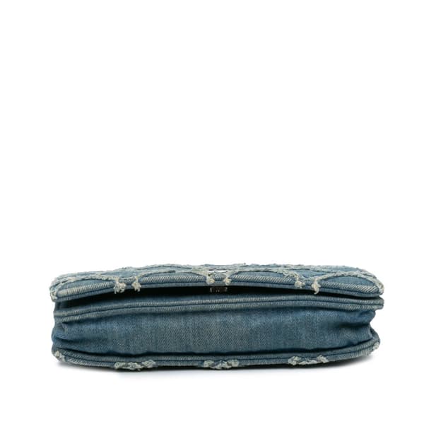Pre-owned Chanel Frayed Denim Wallet On Chain Blue