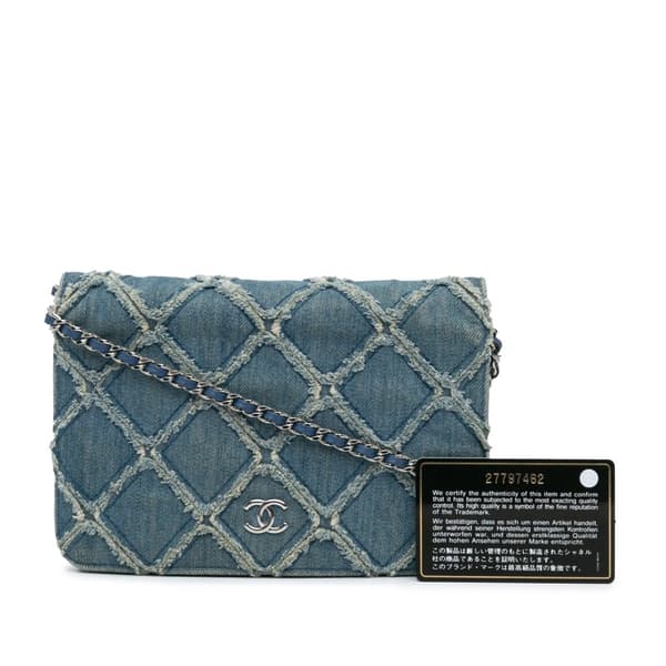 Pre-owned Chanel Frayed Denim Wallet On Chain Blue
