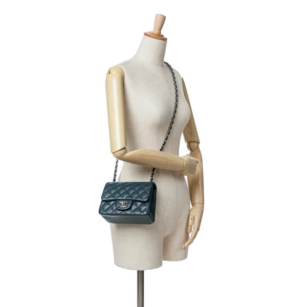 Pre-owned Chanel Mini Square Classic Lambskin Single Flap Blue