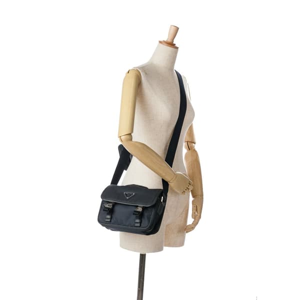 Pre-owned Prada Saffiano Trimmed Double Buckle Messenger Bag Blue