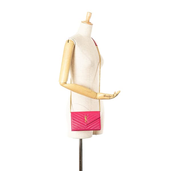 Pre-owned Saint Laurent Grain De Poudre Cassandre Envelope Wallet on Chain Pink