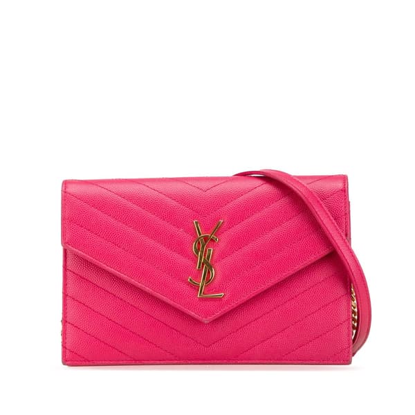 Pre-owned Saint Laurent Grain De Poudre Cassandre Envelope Wallet on Chain Pink