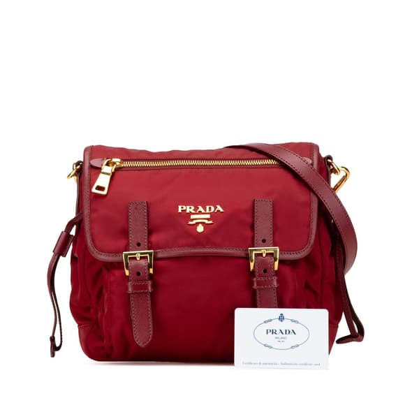Pre-owned Prada Saffiano Trimmed Tessuto Zip Double Buckle Messenger Bag Red