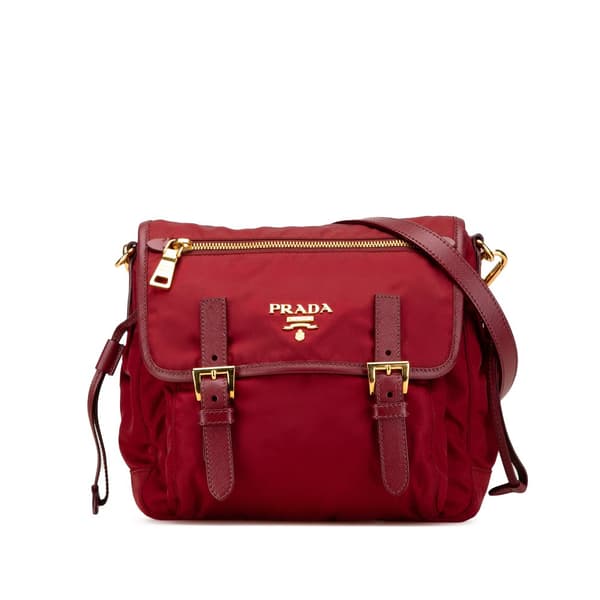 Pre-owned Prada Saffiano Trimmed Tessuto Zip Double Buckle Messenger Bag Red