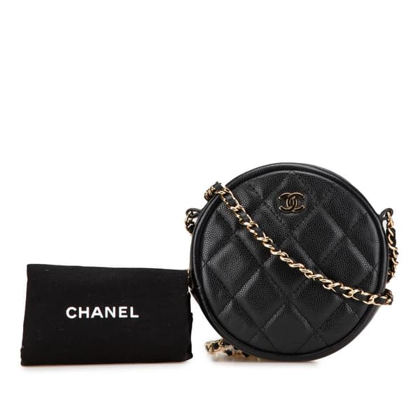 Pre-owned Chanel CC Quilted Caviar Round Clutch With Chain Black