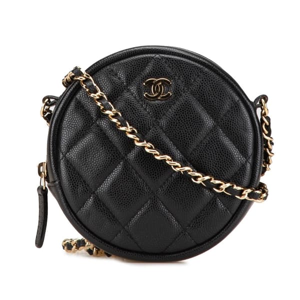 Pre-owned Chanel CC Quilted Caviar Round Clutch With Chain Black