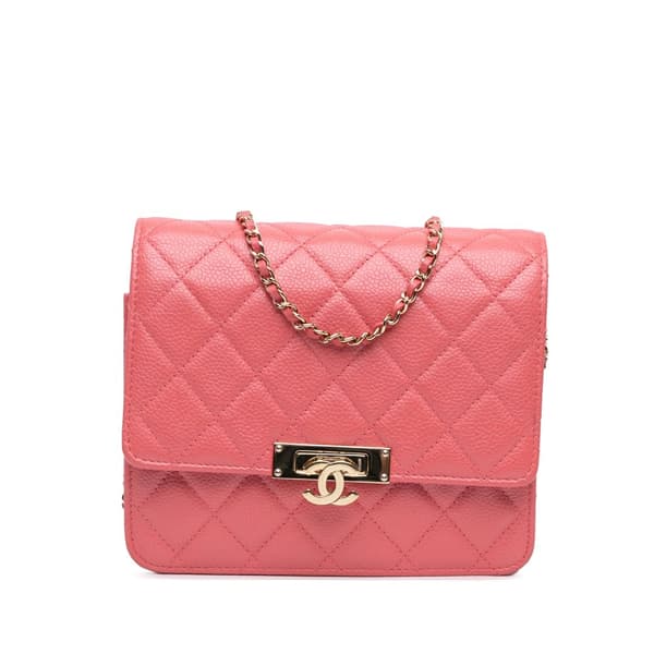 Pre-owned Chanel Quilted Caviar Golden Class Wallet On Chain Pink