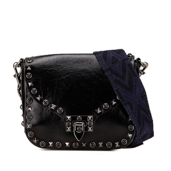 Pre-owned Valentino Craquele Calfskin Guitar Strap Rockstud Rolling Flap Crossbody Black