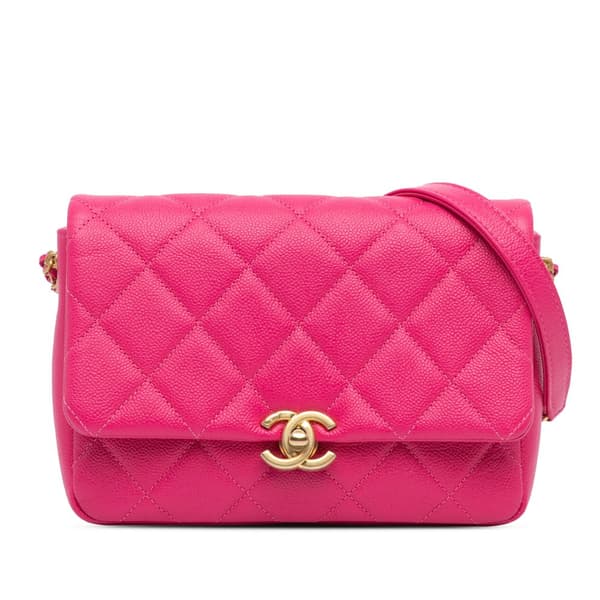 Pre-owned Chanel Small Quilted Caviar Chain Melody Flap Pink