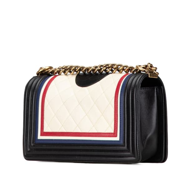 Pre-owned Chanel Old Medium Multicolor Quilted Lambskin Crest Boy Flap White