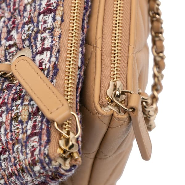 Pre-owned Chanel Quilted Lambskin and Tweed Double Case with Chain Brown