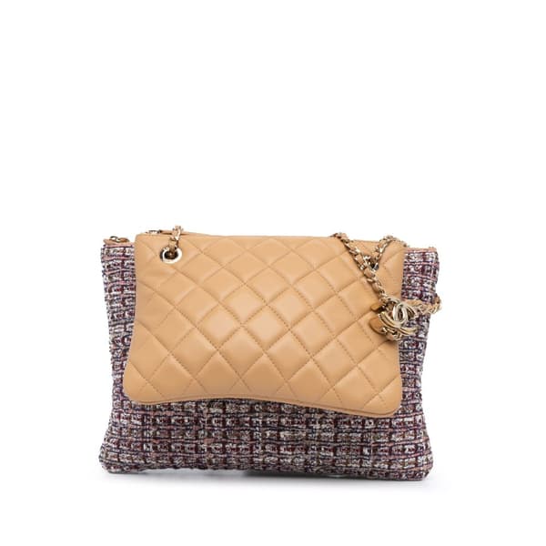 Pre-owned Chanel Quilted Lambskin and Tweed Double Case with Chain Brown