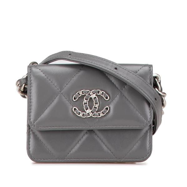 Pre-owned Chanel Lambskin 19 Flap Coin Purse With Chain Gray