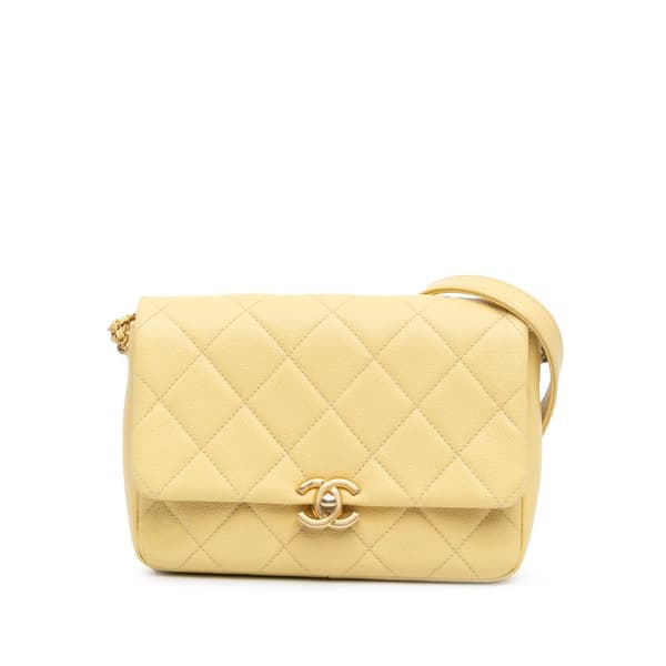 Pre-owned Chanel Small Quilted Caviar Chain Melody Flap Yellow
