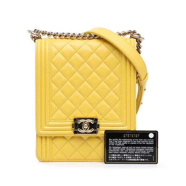 Pre-owned Chanel Quilted Lambskin North South Boy Flap Yellow