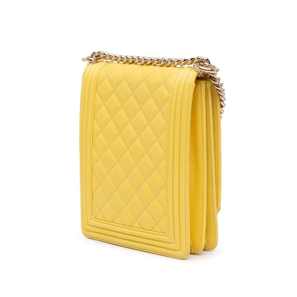 Pre-owned Chanel Quilted Lambskin North South Boy Flap Yellow