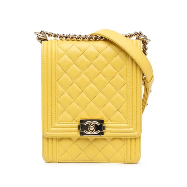 Pre-owned Chanel Quilted Lambskin North South Boy Flap Yellow
