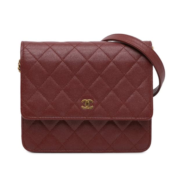 Pre-owned Chanel Quilted Caviar Square Wallet on Chain Red
