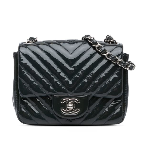 Pre-owned Chanel Mini Square Classic Chevron Patent Flap Blue