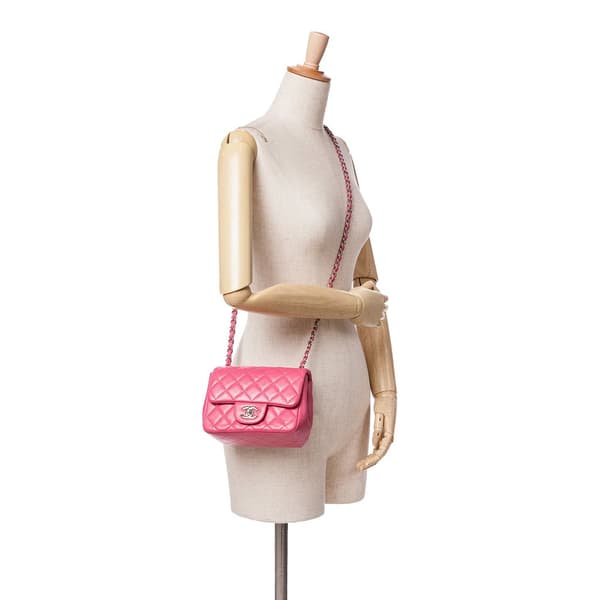Pre-owned Chanel Mini Square Classic Lambskin Single Flap Pink