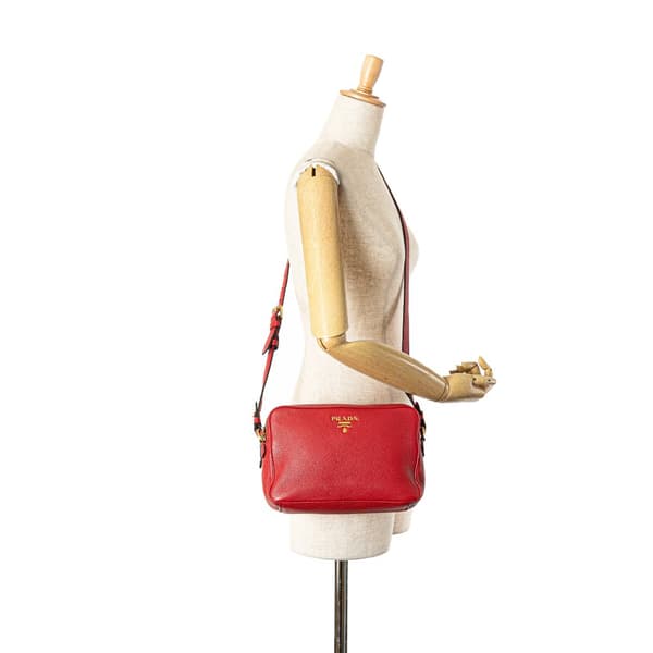 Pre-owned Prada Vitello Phenix Double Zip Camera Bag Red