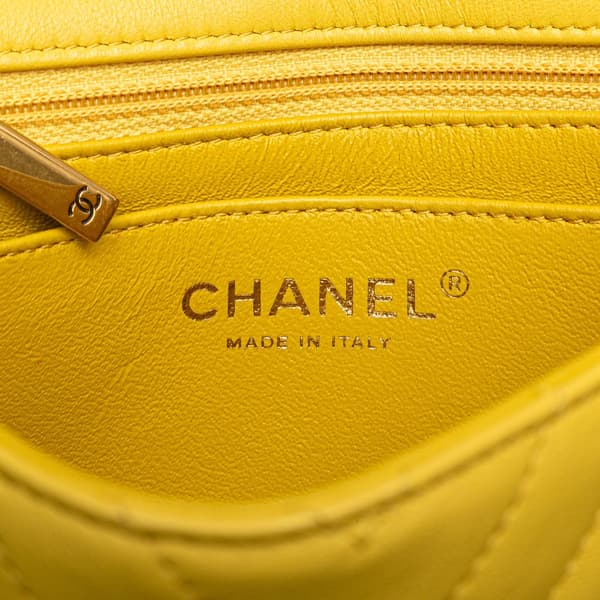 Pre-owned Chanel Mini Square Classic Chevron Lambskin Single Flap Yellow