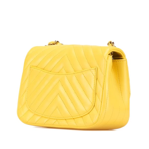Pre-owned Chanel Mini Square Classic Chevron Lambskin Single Flap Yellow